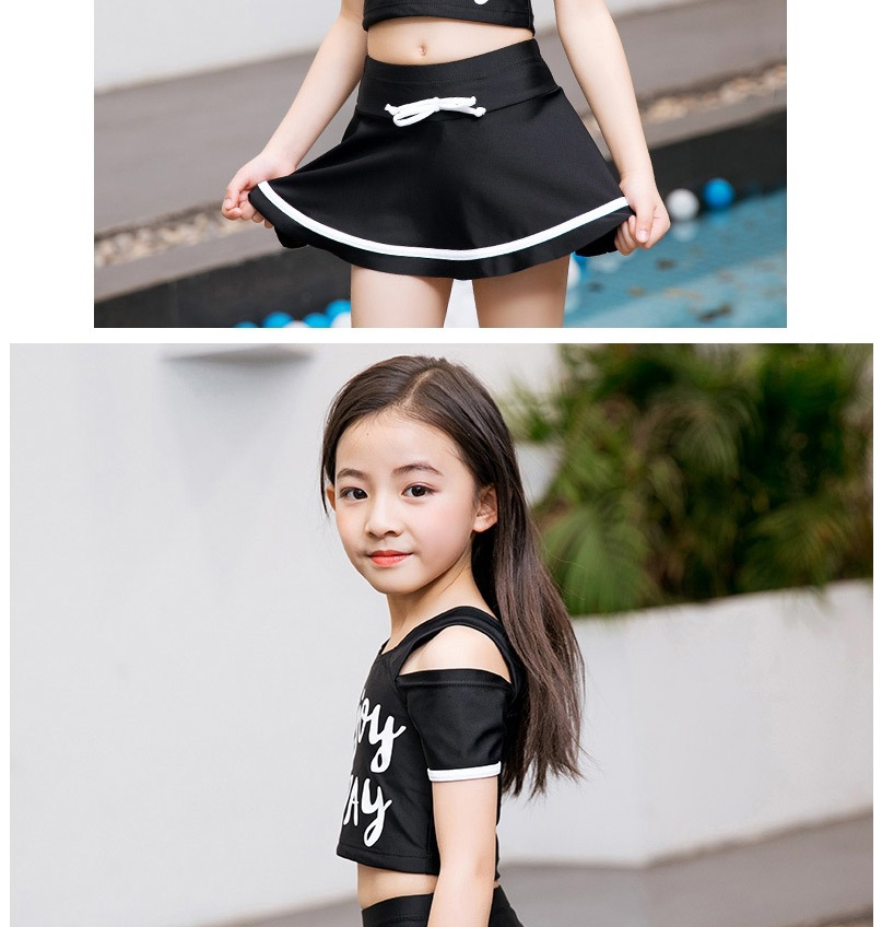 Fashion Black Alphabet Print Off-shoulder Childrens Split Swimsuit,Kids Swimwear