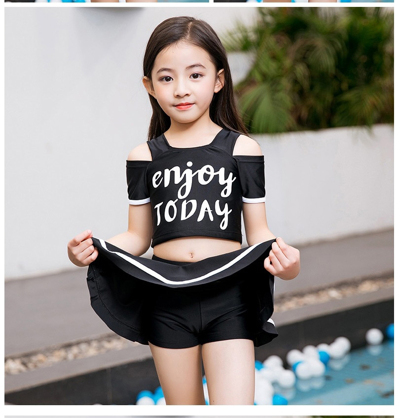 Fashion Black Alphabet Print Off-shoulder Childrens Split Swimsuit,Kids Swimwear
