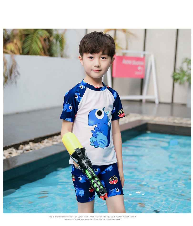 Fashion Blue Dinosaur Printed Contrast Swimsuit For Children,Kids Swimwear