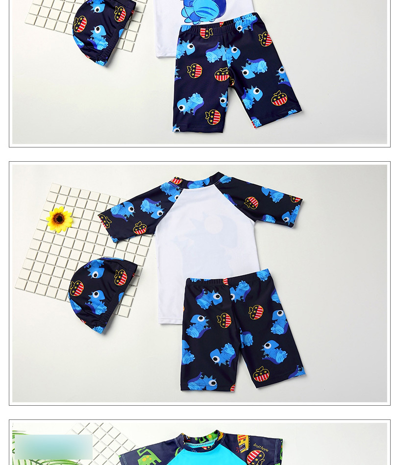 Fashion Blue Dinosaur Printed Contrast Swimsuit For Children,Kids Swimwear