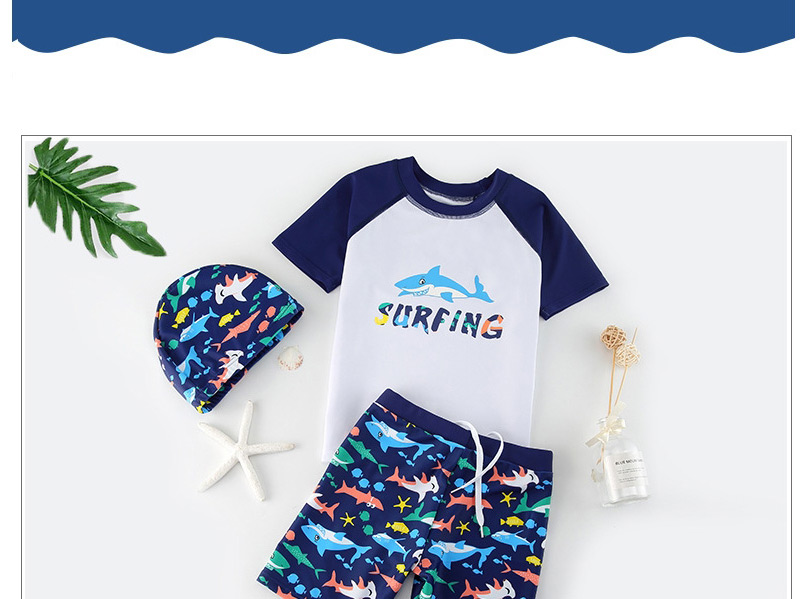 Fashion Blue Shark Shark Print Contrast Color Childrens Split Swimsuit,Kids Swimwear