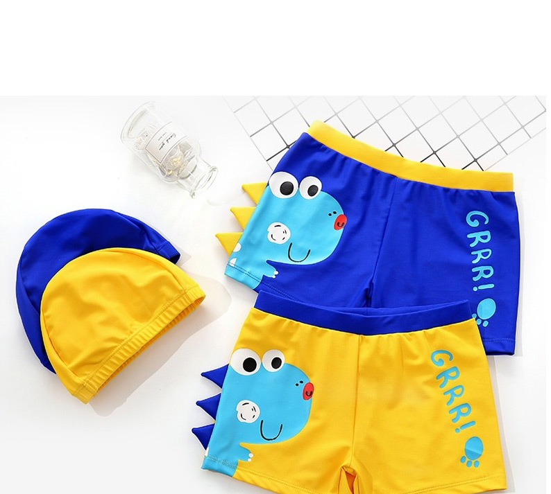 Fashion Yellow Dinosaur Print Contrast Color Childrens Swimming Trunks And Swimming Cap,Kids Swimwear
