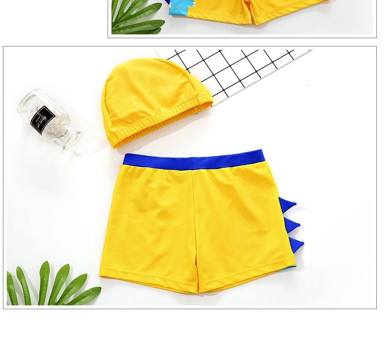 Fashion Yellow Dinosaur Print Contrast Color Childrens Swimming Trunks And Swimming Cap,Kids Swimwear