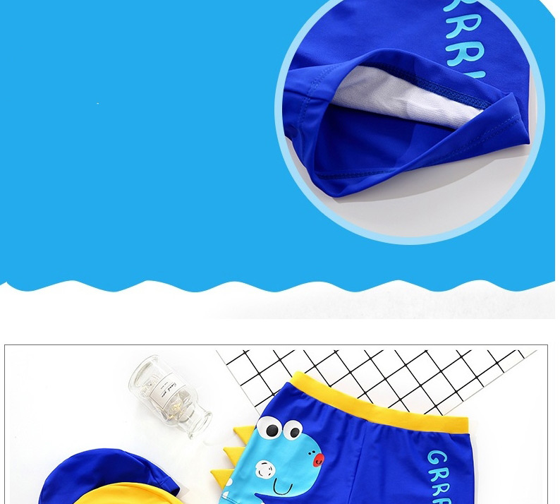 Fashion Blue Dinosaur Print Contrast Color Childrens Swimming Trunks And Swimming Cap,Kids Swimwear