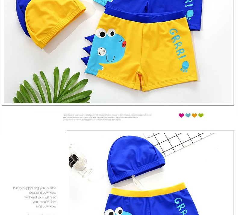 Fashion Blue Dinosaur Print Contrast Color Childrens Swimming Trunks And Swimming Cap,Kids Swimwear