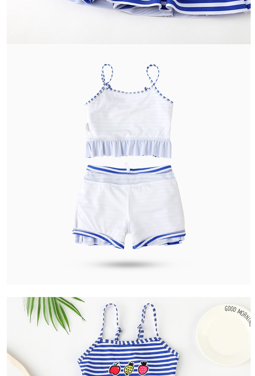 Fashion Blue Strawberry Print Striped Ruffle Split Swimsuit,Kids Swimwear