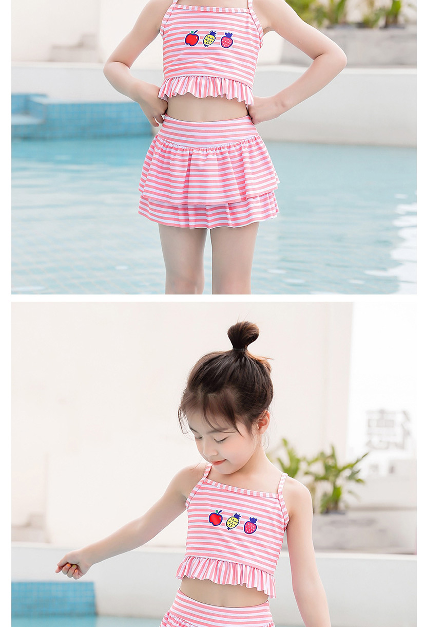 Fashion Blue Strawberry Print Striped Ruffle Split Swimsuit,Kids Swimwear
