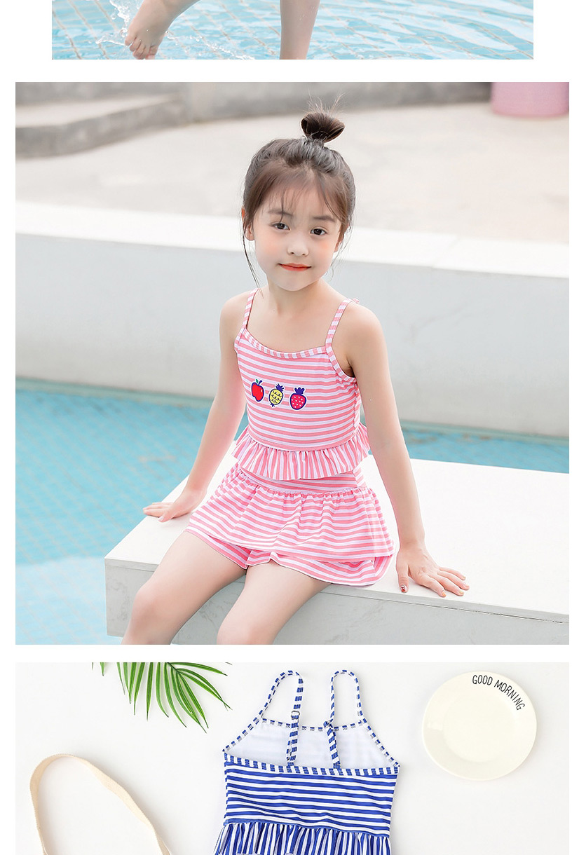 Fashion Pink Strawberry Print Striped Ruffle Split Swimsuit,Kids Swimwear