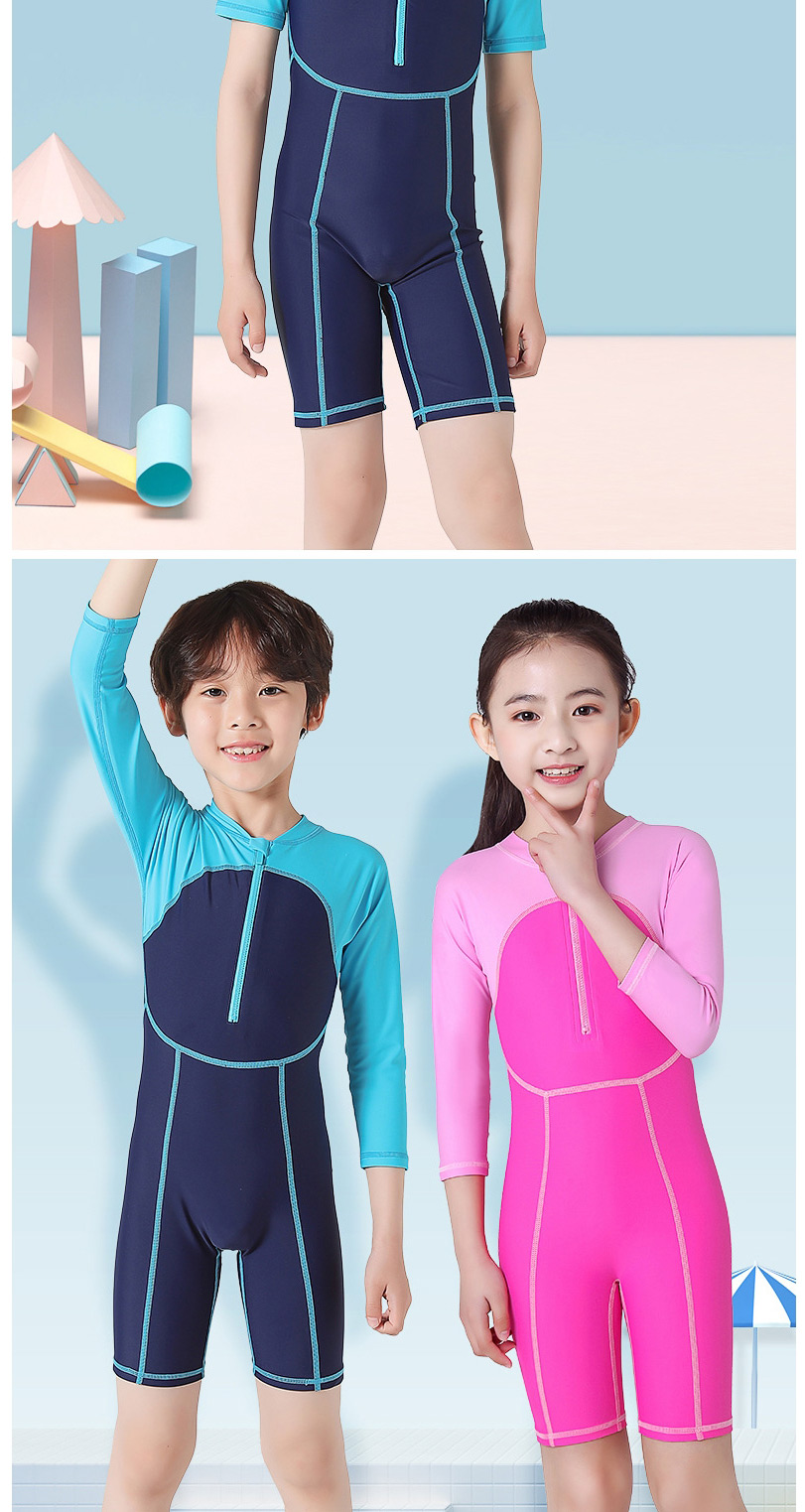 Fashion Lake Blue + Navy Blue Long Sleeve Childrens One-piece Swimsuit With Contrast Stitching,Kids Swimwear