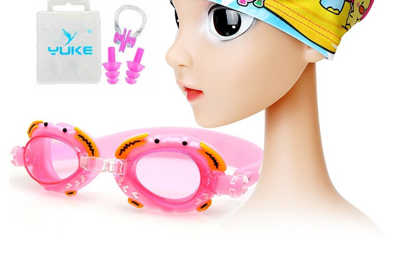 Fashion Pink Crab + Pu Cap Four Piece Set Crab Anti-fog Waterproof Childrens Swimming Goggles Animal Print Swimming Cap,Others