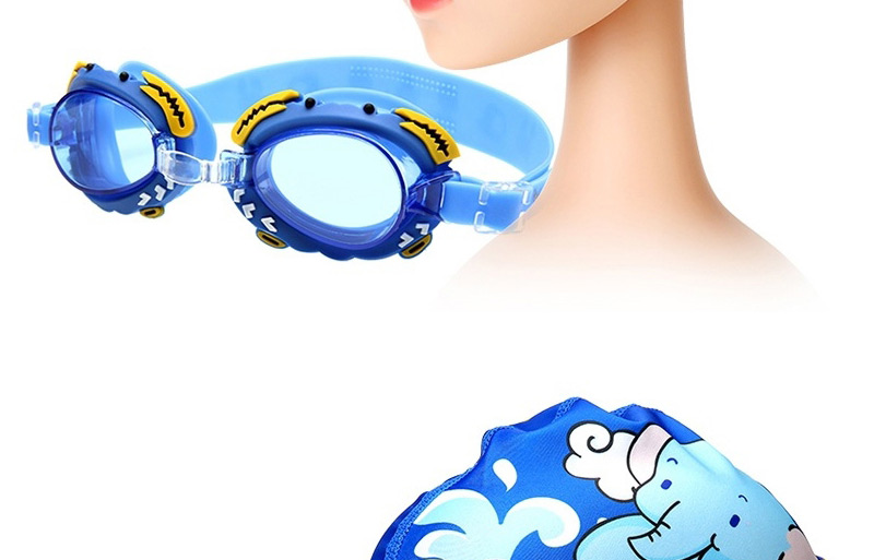 Fashion Blue Crab + Cute Elephant Four-piece Set Crab Anti-fog Waterproof Childrens Swimming Goggles Animal Print Swimming Cap,Others