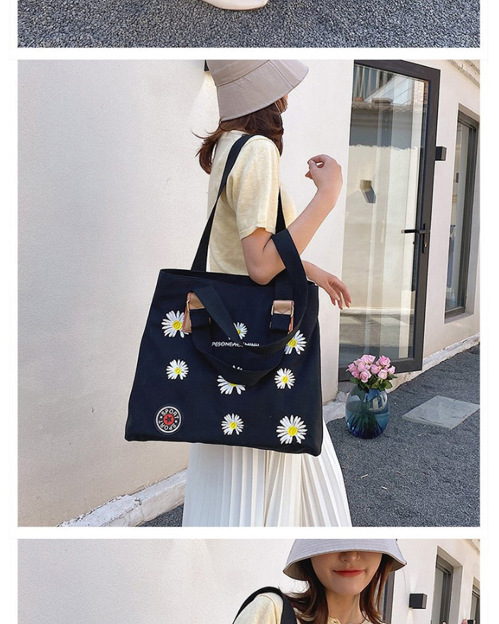 Fashion Black Linen Embroidered Daisy Shoulder Bag,Messenger bags