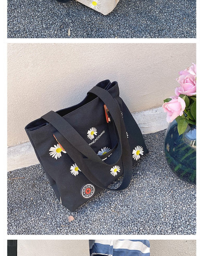 Fashion Black Linen Embroidered Daisy Shoulder Bag,Messenger bags