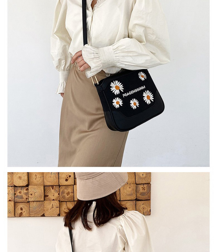 Fashion Black Canvas Embroidered Daisy Shoulder Bag,Shoulder bags