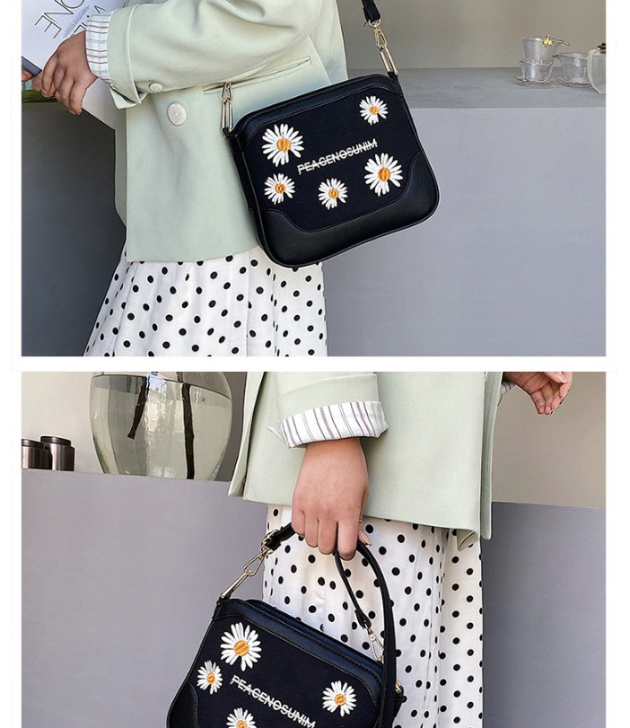 Fashion Black Canvas Embroidered Daisy Shoulder Bag,Shoulder bags