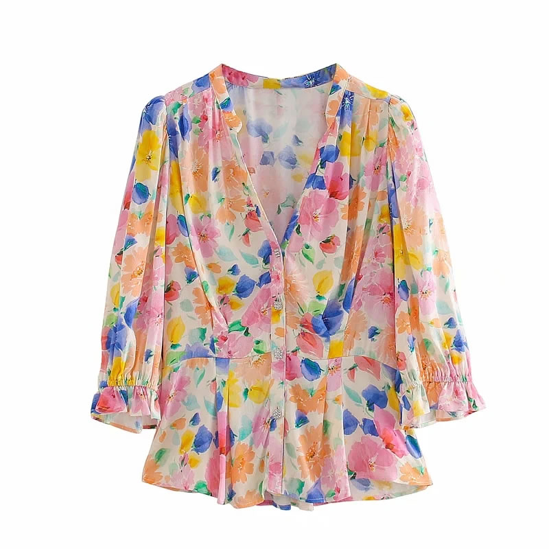 Fashion Color Jewelry Button Print V-neck Blouse,Sunscreen Shirts