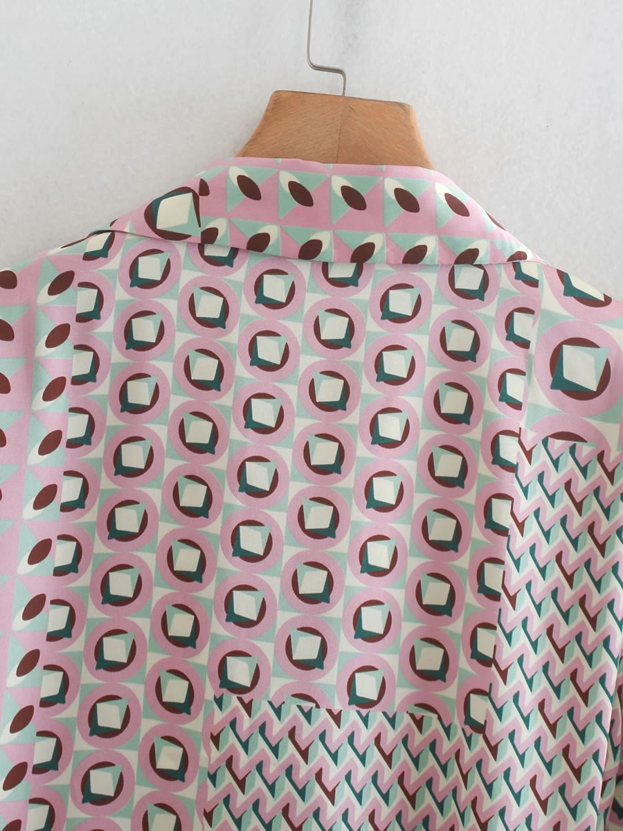 Fashion Color Geometric Print V-neck Belt Blouse,Sunscreen Shirts