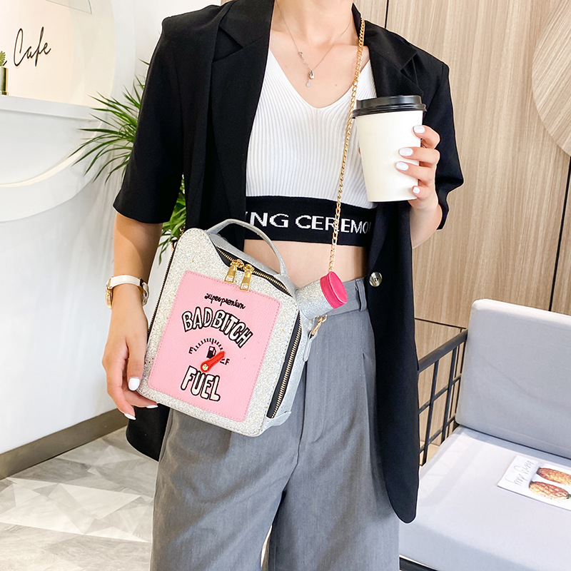 Fashion Pink Laser Sequins Embroidered Letters Oil Can Chain One-shoulder Messenger Bag,Shoulder bags