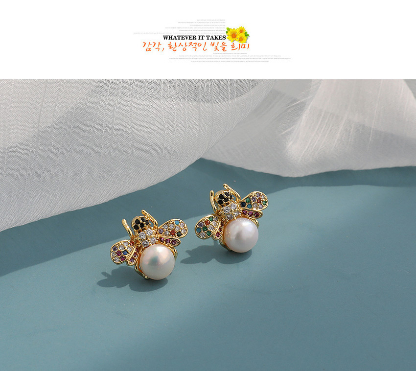 Fashion Golden Copper Inlaid Zircon Pearl Bee Earrings,Earrings