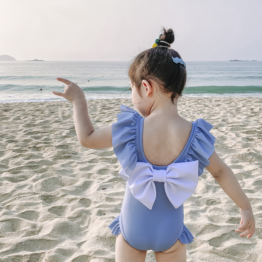 Fashion Blue Butterfly Open Back Ruffled One-piece Childrens Swimsuit,Kids Swimwear