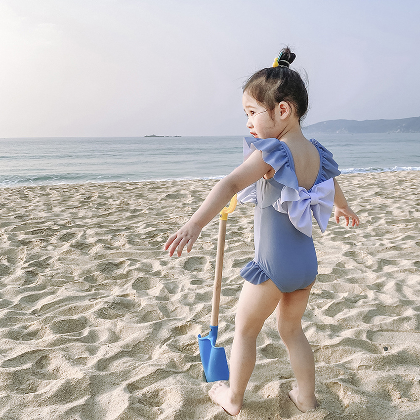 Fashion Blue Butterfly Open Back Ruffled One-piece Childrens Swimsuit,Kids Swimwear