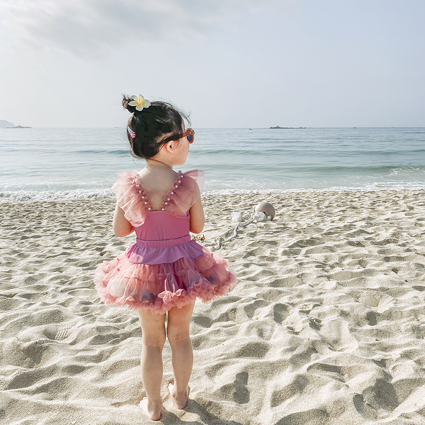 Fashion One-piece Double-sided Two-tone Skirt (excluding Swimsuit) Net Yarn Pearl Ruffled One-piece Childrens Swimsuit,Kids Swimwear