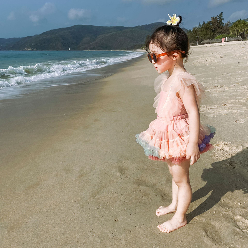 Fashion One-piece Double-sided Two-tone Skirt (excluding Swimsuit) Net Yarn Pearl Ruffled One-piece Childrens Swimsuit,Kids Swimwear