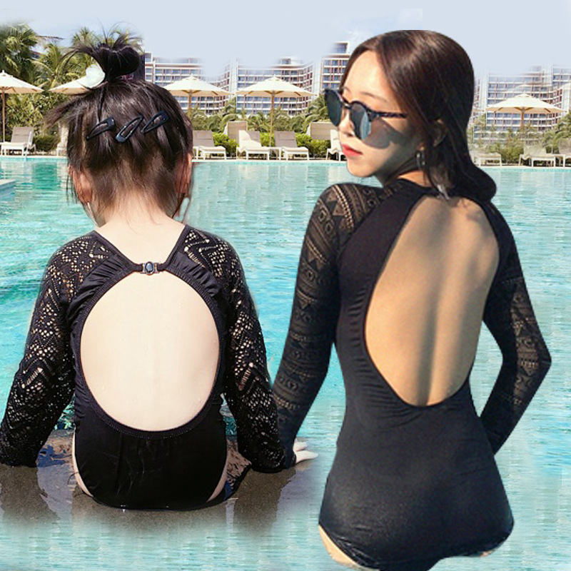 Fashion Adult Black Lace Single Piece Long Sleeve Lace Open Back Parent-child One-piece Swimsuit,Kids Swimwear