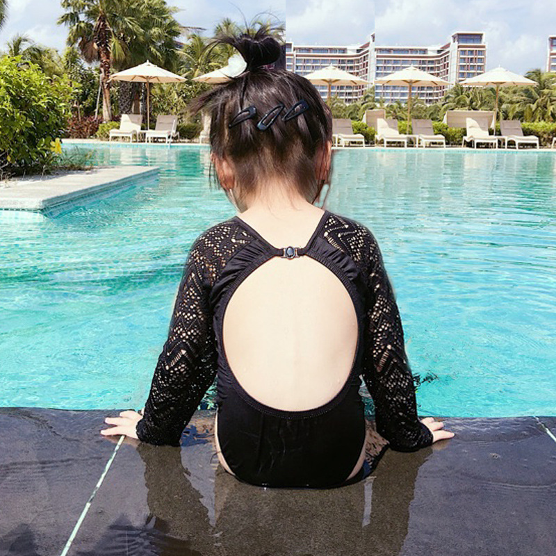 Fashion Adult Black Lace Single Piece Long Sleeve Lace Open Back Parent-child One-piece Swimsuit,Kids Swimwear