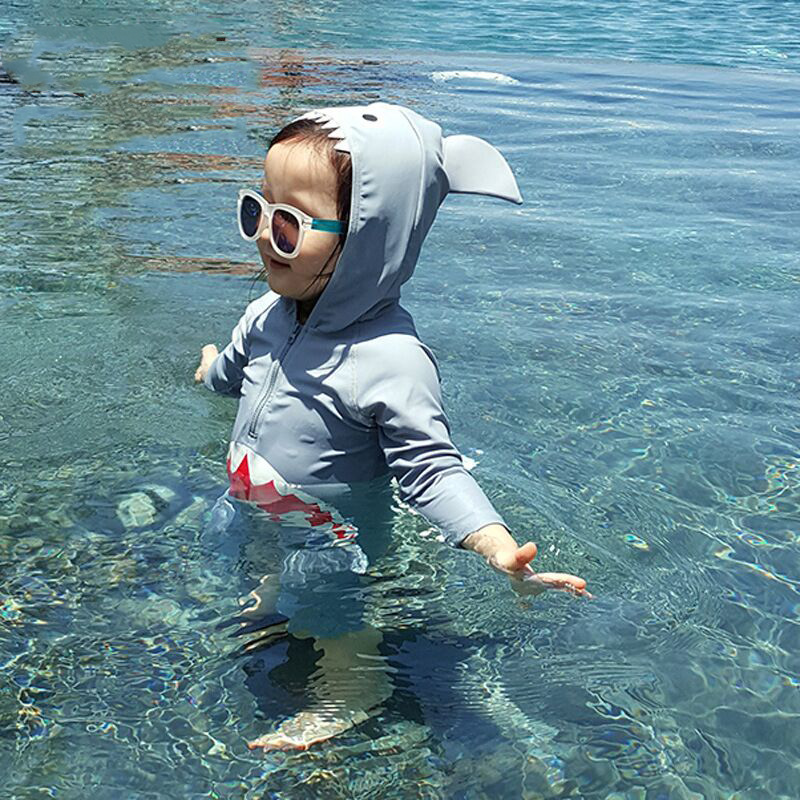 Fashion Boy Grey Shark Shark Print Hooded Childrens One-piece Swimsuit,Kids Swimwear