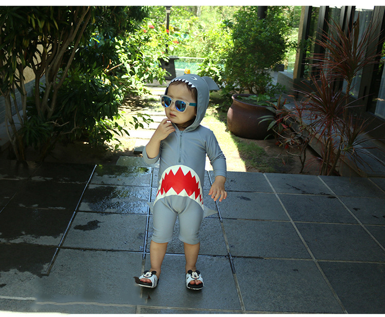 Fashion Boy Grey Shark Shark Print Hooded Childrens One-piece Swimsuit,Kids Swimwear