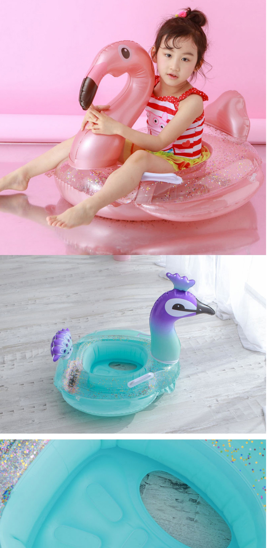 Fashion Sequined Inflatable Bottom Peacock Sequined Inflatable Bottom Boat Flamingo Unicorn Peacock Horse Bubble Bottom Child Seat,Swim Rings