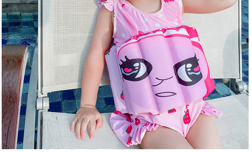 Fashion Triangular Pink Strawberry Rabbit Strawberry Print Ruffled Childrens Buoyancy One-piece Swimsuit,Kids Swimwear