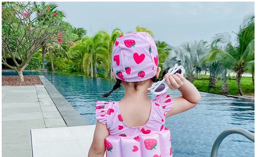 Fashion Triangular Pink Strawberry Rabbit Strawberry Print Ruffled Childrens Buoyancy One-piece Swimsuit,Kids Swimwear
