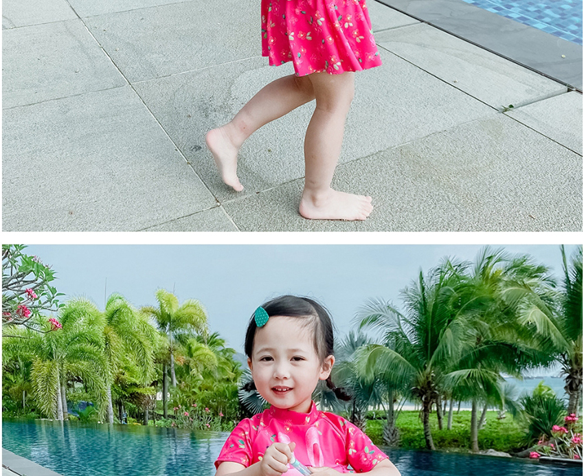 Fashion Rose Red Skirt Flower Rabbit Childrens Buoyancy Split Swimsuit With Leaf Print,Kids Swimwear