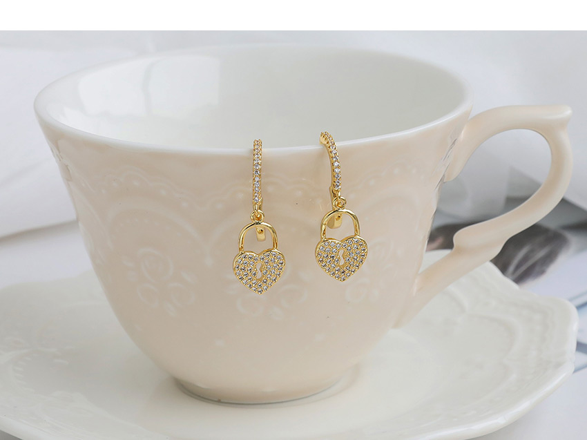 Fashion Golden Copper Inlaid Zircon Heart Keyhole Earrings,Earrings