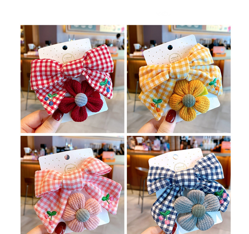 Fashion Yellow Grid + Yellow Flowers Bowknot Check Embroidery Flower Lace Hairpin Set For Children,Kids Accessories