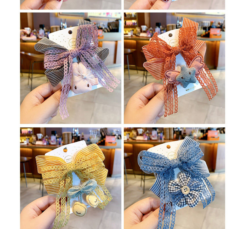 Fashion Yellow Lace + Cherry Bowknot Check Embroidery Flower Lace Hairpin Set For Children,Kids Accessories