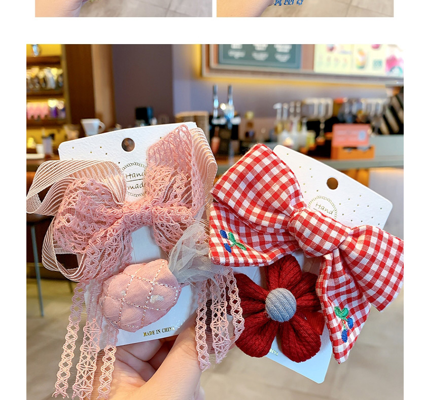 Fashion Yellow Lace + Cherry Bowknot Check Embroidery Flower Lace Hairpin Set For Children,Kids Accessories