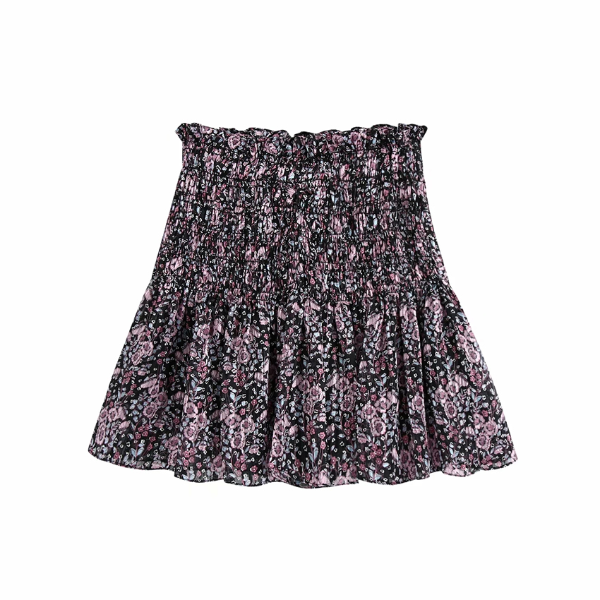 Fashion Black Floral Short Skirt With Printed Elastic And Wooden Ears,Skirts