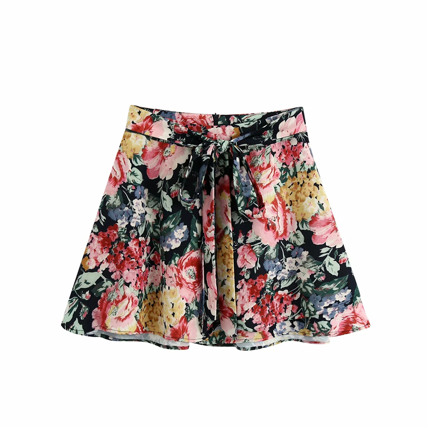 Fashion Floral Flower Print Belted Bow Skirt,Skirts