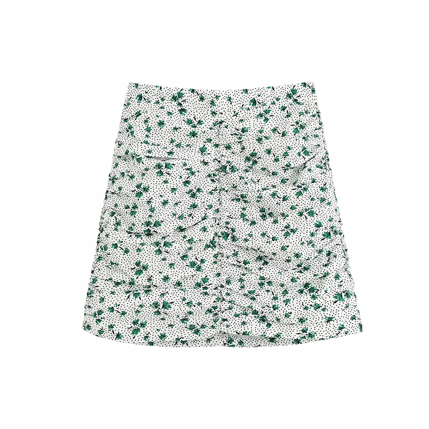 Fashion Green Floral Print Pleated Hip Skirt,Skirts