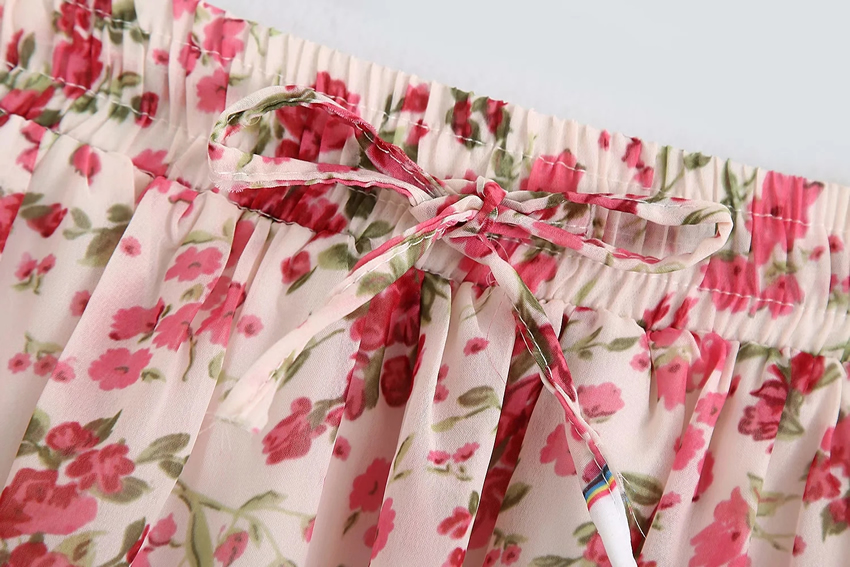 Fashion Pink Floral Flower Print Elastic Waist Skirt,Skirts