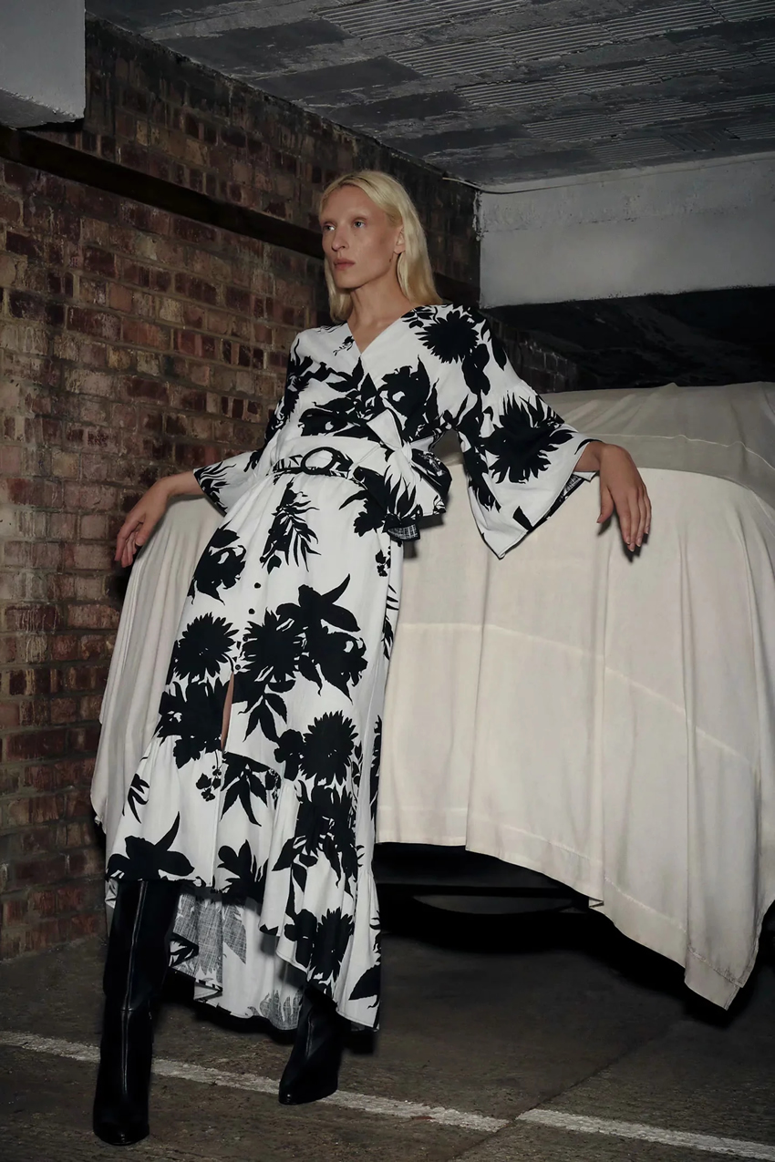 Fashion White Print Flower Print Elastic Waist With Belt Stitching Skirt,Skirts