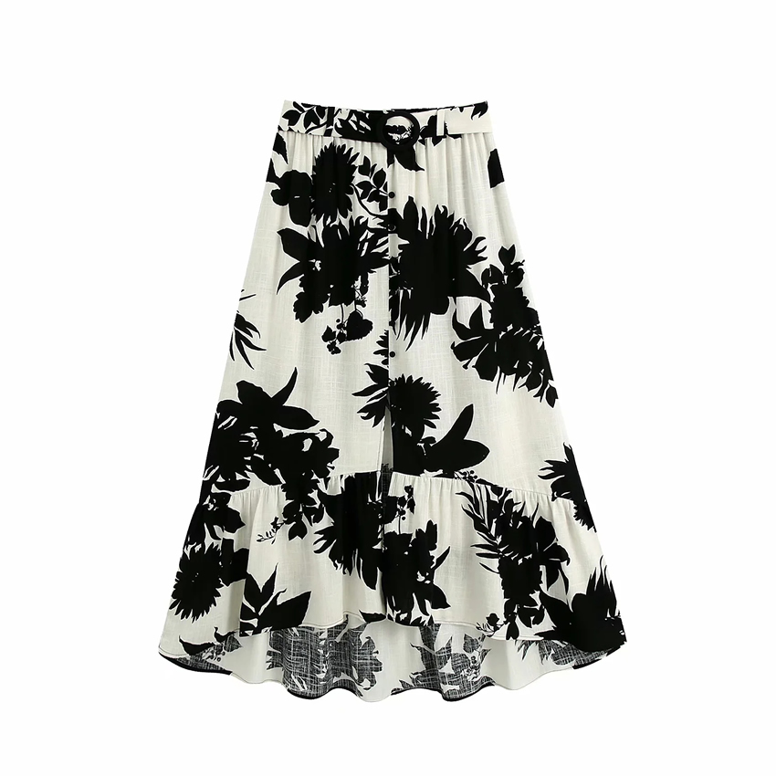 Fashion White Print Flower Print Elastic Waist With Belt Stitching Skirt,Skirts