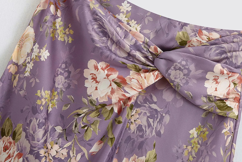 Fashion Purple Floral Silk Satin Floral Print Cross Skirt,Skirts