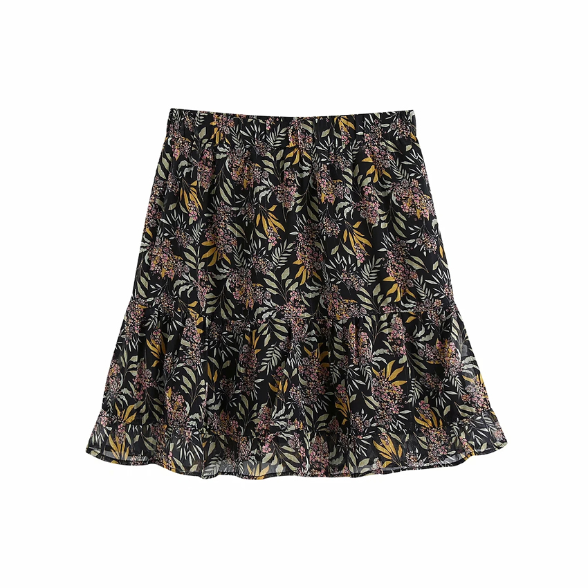 Fashion Black Print Flower Print Elastic Waist Skirt,Skirts