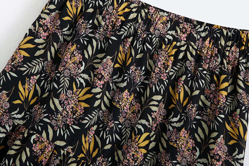 Fashion Black Print Flower Print Elastic Waist Skirt,Skirts
