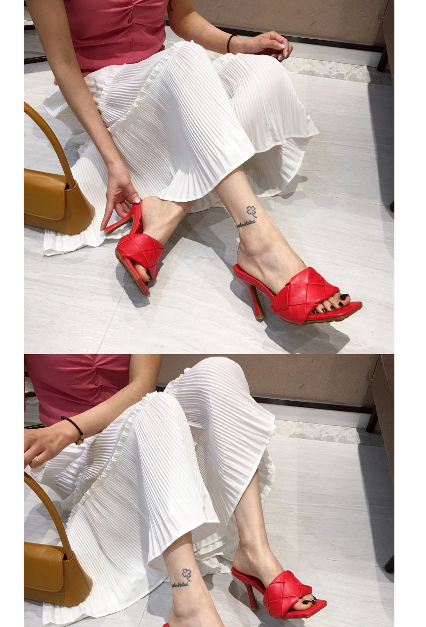 Fashion White Braided Square Open Toe Stiletto Sandals,Slippers