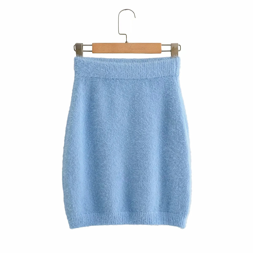 Fashion Blue Imitation Mink Pure Color Elastic Waist Skirt,Skirts